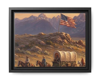 Pioneer Wagon Trail met Amerikaanse vlag, mat canvas ingelijst