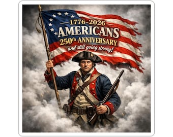 Sticker 1776-2026 Amerikanen 250e verjaardag revolutionaire soldaat | Patriottische vlag