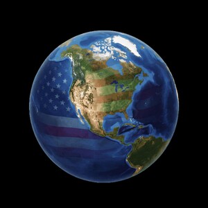 Könnte beinhalten: Eine digitale Darstellung der Erde, wobei das Design der amerikanischen Flagge über die westliche Hemisphäre gelegt wurde. Die Sterne und Streifen der Flagge sind sichtbar, wobei die Kontinente ihre natürlichen Farben zeigen. Der Hintergrund ist einfarbig schwarz.