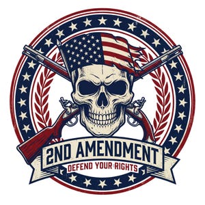 Può includere: Un design grafico con un teschio, una bandiera americana, fucili incrociati e il testo "2ND AMENDMENT DEFEND YOUR RIGHTS" in un design circolare con stelle e accenti rossi e blu.
