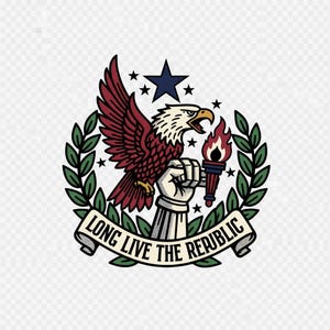 May include: A patriotic emblem featuring a bald eagle with outstretched wings, holding a torch in its talons. The eagle is surrounded by stars and olive branches, with a banner reading "LONG LIVE THE REPUBLIC". The design uses red, white, blue, and green.