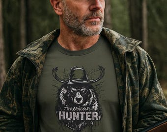 Camiseta con diseño de oso cazador americano con astas / Gráfico rústico de caza