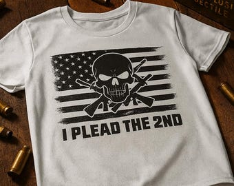 Camiseta con declaración a favor de la Segunda Enmienda - "I Plead the 2nd" - Camiseta patriótica con calavera de rifle / 100 % poliéster