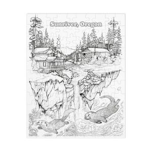 Sunriver Oregon Jigsaw Puzzle, Colorable Otters, Mountains, Cabin, Tin Box (8" x 10")