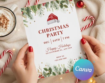 May include: A Christmas party invitation with a Santa hat illustration and text. The invitation reads "Christmas Party, Dec 24th, 7 PM, Happy Holidays, 123 Anywhere St., Any City, RSVP to +123-456-7890". The invitation is held by a person.