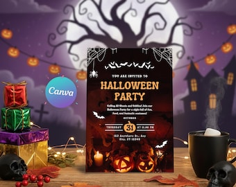 May include: A Halloween Party invitation with a spooky theme. The invitation features the text "Halloween Party" with bats, spiderwebs, and pumpkins. The background includes a full moon, a haunted house, and a string of pumpkin lights.