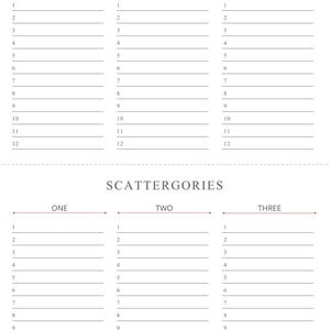 Puede incluir: Dos hojas blancas del juego Scattergories con el título en la parte superior. Cada hoja tiene tres columnas etiquetadas como "ONE", "TWO" y "THREE". Cada columna tiene 12 líneas numeradas para escribir respuestas.