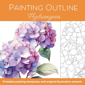 Op de afbeelding: Een aquarel schilderij van hortensia's in tinten paars, roze en blauw, met groene bladeren. De afbeelding bevat een zwart-wit omtrek van de bloemen. Tekst luidt "PAINTING OUTLINE Hydrangeas" en "Printable painting templates and original illustration artwork."