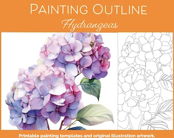 Botanisk akvarellkontur med hortensia och blommor | Utskrivbar blomskiss | Zacharias Atelier