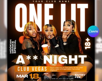 One Lit Night Party Flyer, Adult Party Flyer, Club Promotion Flyer, Ladies Night Party Flyer, Editable Canva Template