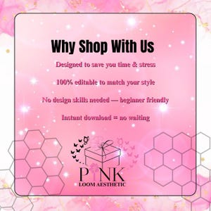 May include: Pink graphic with the text "Why Shop With Us" and other text. The graphic includes a gift box with butterflies and the text "PNK LOOM AESTHETIC". The background is pink with a marble design.