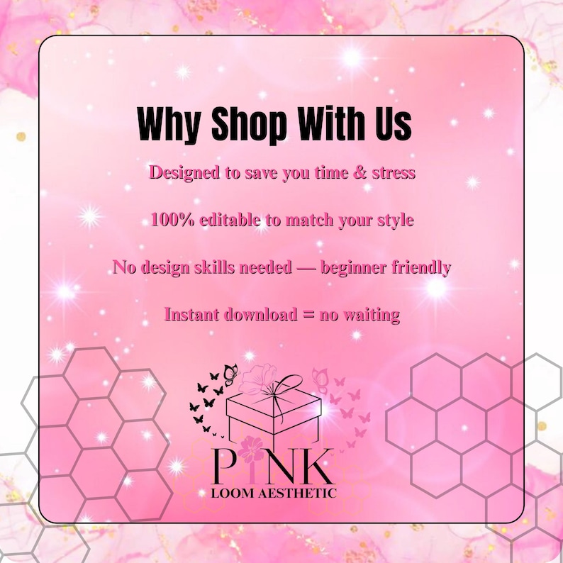 May include: Pink graphic with the text "Why Shop With Us" and other text. The graphic includes a gift box with butterflies and the text "PNK LOOM AESTHETIC". The background is pink with a marble design.
