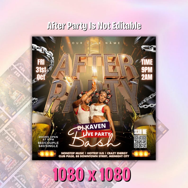 May include: A promotional flyer for an "After Party" event. The design features the text "After Party" in large, sparkling letters, with images of two women. The flyer includes event details such as the date, time, and location.