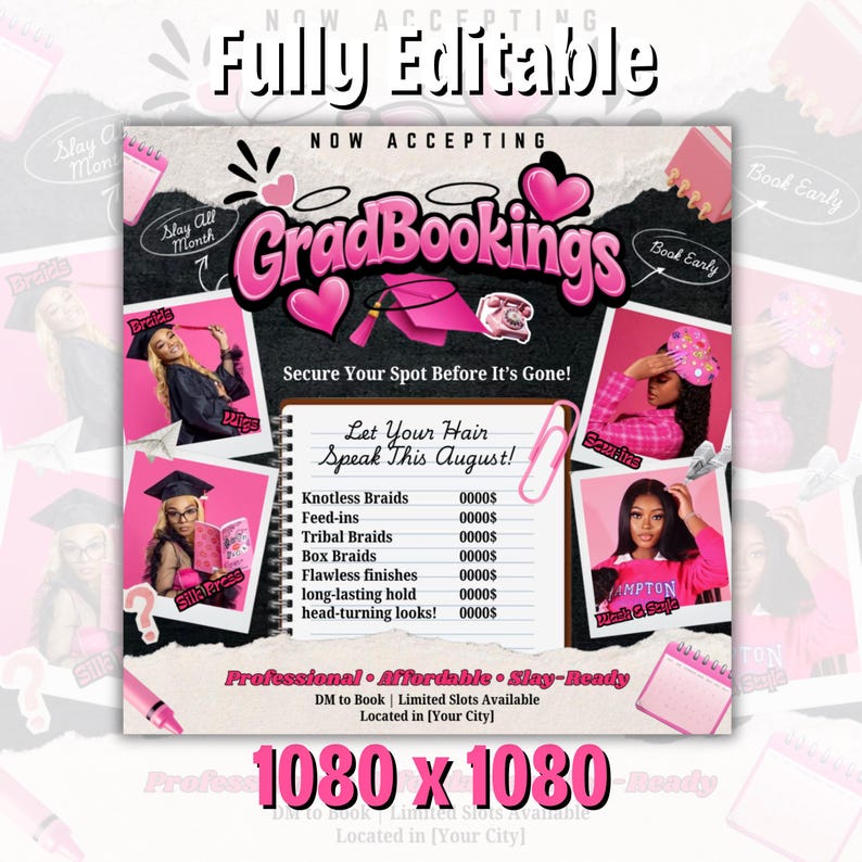 May include: A pink and black promotional graphic for GradBookings, featuring images of hairstyles and the text "Let Your Hair Speak This August!" The graphic includes a list of services and a call to action.