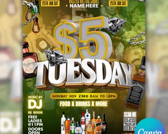 Tuesday Party Flyer, Nightclub Flyer, Dollar Drink Night Flyer, Tuesday Club Flyer, Editable Party Flyer, Canva Template