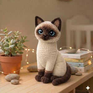 May include: A crocheted Siamese cat figurine with large blue eyes, brown ears, and a brown tail. The cat is sitting on a wooden surface. The cat is beige and brown.