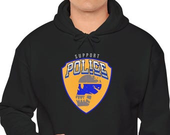 Thin Blue Line Police Shield Hoodie | Retro Law Enforcement Emblem with Skull