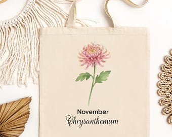 November Chrysanthemum Tote Bag | Floral Birth Month Botanical Canvas Tote
