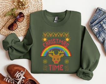Christmas Time Reindeer Pixel Art Sweatshirt | Rainbow Holiday Crewneck Ugly Sweater