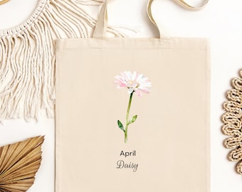 Pink Daisy Illustration Tote Bag | April Birth Month Flowers Minimalist Canvas