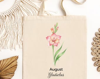 August Gladiolus Tote Bag | Birth Month Flower, Watercolor Floral Canvas Tote