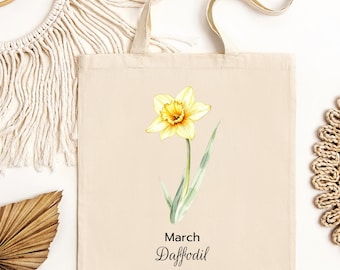March Daffodil Tote Bag | Watercolor Birth Month Flower Canvas Tote