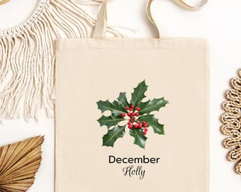 December Holly Canvas Tote Bag | Botanical Holly Illustration