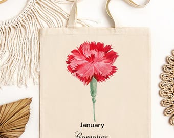 January Carnation Tote Bag | Floral Birth Month Canvas Tote