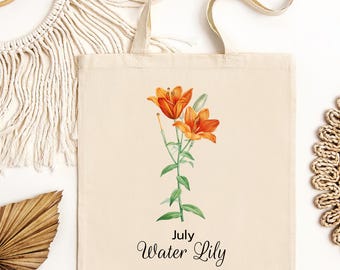 July Orange Water Lily illustration Tote Bag | Floral Birth Month botanical print