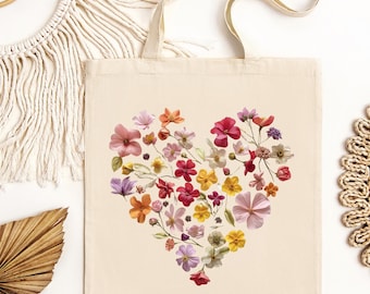 Floral Heart Cotton Canvas Tote Bag | Pressed Flower Design