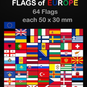 Könnte beinhalten: Eine Anordnung von 64 europäischen Flaggen, jeweils 50 x 30 mm, vor schwarzem Hintergrund. Der Text "FLAGS of EUROPE" ist oben zu sehen. Die Flaggen zeigen verschiedene nationale Symbole mit unterschiedlichen Farben und Mustern.