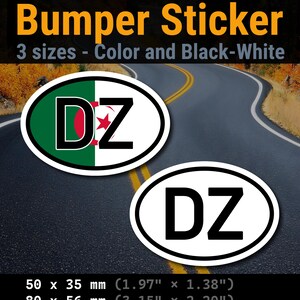 May include: Two oval bumper stickers with the text DZ. One sticker features the green, white, and red Algerian flag design. The other is white with black text. Dimensions listed are 50 x 35 mm (1.97" x 1.38"), 80 x 56 mm (3.15" x 2.20"), and 100 x 70 mm (3.94" x 2.76").