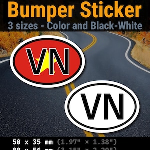 May include: Two oval bumper stickers displaying the text VN. One sticker has a red background with a yellow star, while the other is white with black text. Available in three sizes: 50 x 35 mm, 80 x 56 mm, and 100 x 70 mm. Outdoor and dishwasher safe.