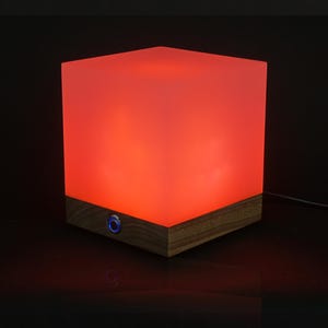 Sculptural Resin and Walnut LED Object CNC Machined Ambient Red Light Cube