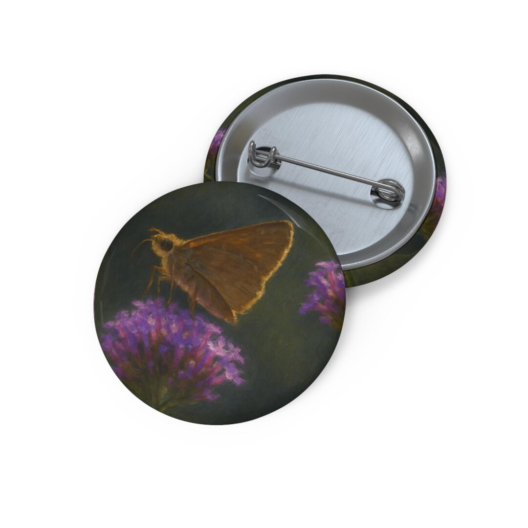 Pollinator Button Example Skipper Butterfly Pin Button, Impressionist Verbena Art, Pollinator ...