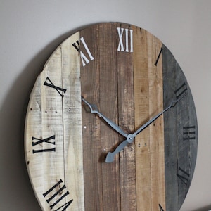 Wall clock, modern rustic FARMHOUSE decor, round clock, grey gray brown tan Natural Reclaimed Wood, 5 Year Anniversary gift image 1