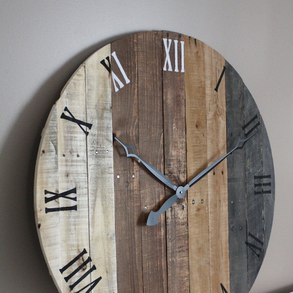 Wall clock, modern rustic FARMHOUSE decor, round clock, grey gray brown tan Natural Reclaimed Wood, 5 Year Anniversary gift