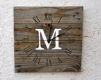 Gray Weathered Wall Clock Personalized Monogram Modern Rustic Coastal Decor Farmhouse Style Variable Sizes available