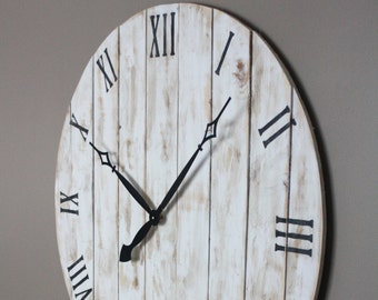 Overized White Wall Clock, Farmhouse Shabby Chic Cottage Decor, Distressed wood, Custom sizes upon request