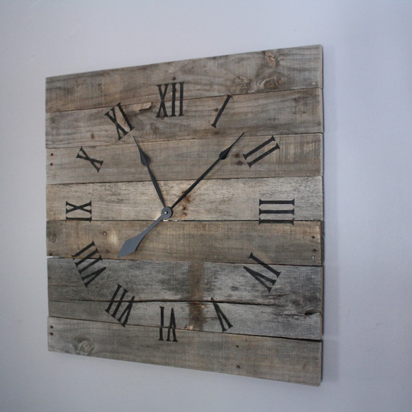 Farmhouse wall clock in gray wash, modern wall clock, country decor, large wood clock, rustic gray wall home decor