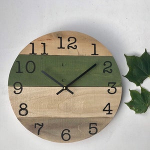 Reclaimed wood wall clock, neutral colors with avocado green accent, rustic modern decor, warm home aesthetic, customized clocks, home decor