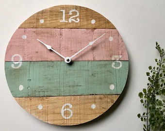 Round wood wall clock, reclaimed wood and pretty shades of green and pink, coastal decor, kitchen clock