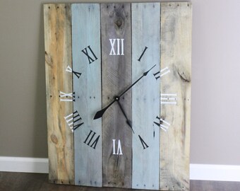 Oversized rectangular Wall Clock Modern Farmhouse or Coastal decor  36" by 26" color washed in gray and coastal blue