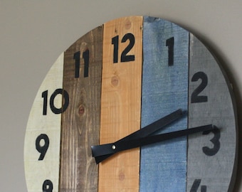 17" handsome round wall clock in browns, gray, and blue, customize your wall clock