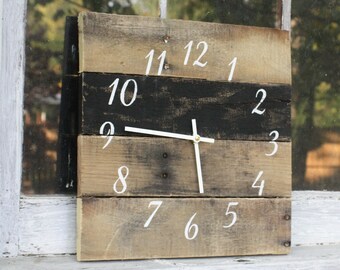 Wood wall clock handcrafted in black and white Farmhouse clock Recycled Reclaimed Repurposed Pallet Wood Wall Clock Custom Sizes available