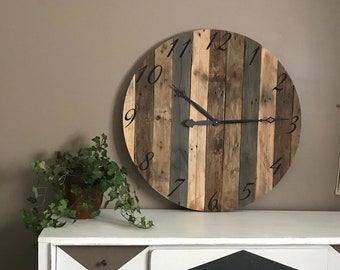 Large reclaimed wall clock, modern rustic FARMHOUSE decor, 36" inch round clock brown, tan, gray, mixed wood tones, 5 Year Anniversary gift