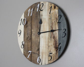 Handcrafted wood clock brown tan gray vertical boards earthy look farmhouse decor variable sizes available customize yours