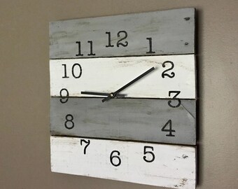 Wood Wall Clock in gray and white with black typewriter style numbers, modern farmhouse decor, coastal livingroom