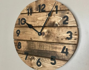 Farmhouse style wood wall clock, modern yet rustic decor, custom sizes