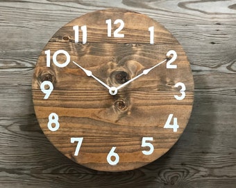 Round Wall Clock in custom sizes, warm coffee stain, farmhouse, country, rustic lodge decor, handcrafted